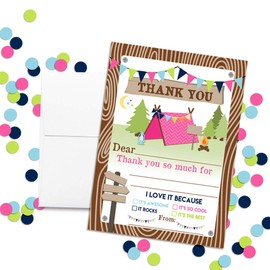Camping Themed Thank You Notes for Girls, Ten 4" x 5.5" Fill In The Blank Cards with 10 White Envelopes by AmandaCreation