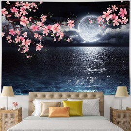 Ocean Tapestry Moon Tapestry Wall Hanging Pink Cherry Blossom Japanese Anime Scenery Tapestry for Bedroom Living Room Decor Artistic 60 x 40 Inches