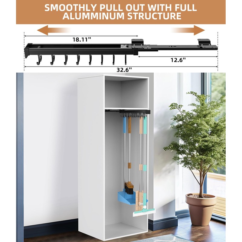 Pull Out Broom Holder With Adjustable Double Row Sliding Hook,