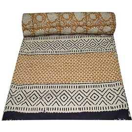 V Vedant Designs Indian Handmade Queen Cotton Kantha Quilt Throw Blanket Bedspread