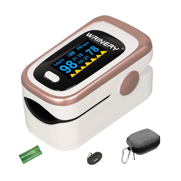 WRINERY Oxygen Saturation Monitor, Pulse Oximeter Fingertip, Oxygen Monitor, O2 Saturation Monitor, OLED Portable Oximetry with Batteries, Lanyard (Rose gold-White)