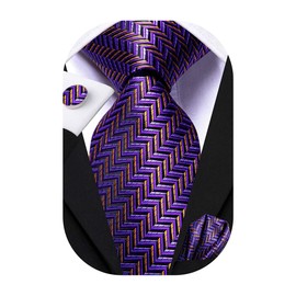 Hi-Tie Men Ties Sets Silk Stripe Paisley Necktie Pocket Square Cufflinks for Business Wedding,Purple Gold