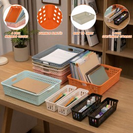 Carperipher 10 Pack Plastic Storage Baskets,Turn-in Paper Trays Classroom with Handle&Pencil Organizer,Stackable Letter Tray for Office A4 Doucuments,Morandi