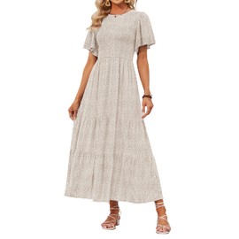 ZESICA Women's 2024 Summer Casual Floral Print Short Flutter Sleeve Crew Neck Smocked High Waist Flowy Maxi Dress,Beige,Small