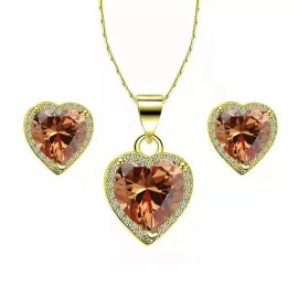 Paris Jewelry 18k Yellow Gold Plated Heart 4 Ct Created Champagne Full Set Necklace, Earrings
