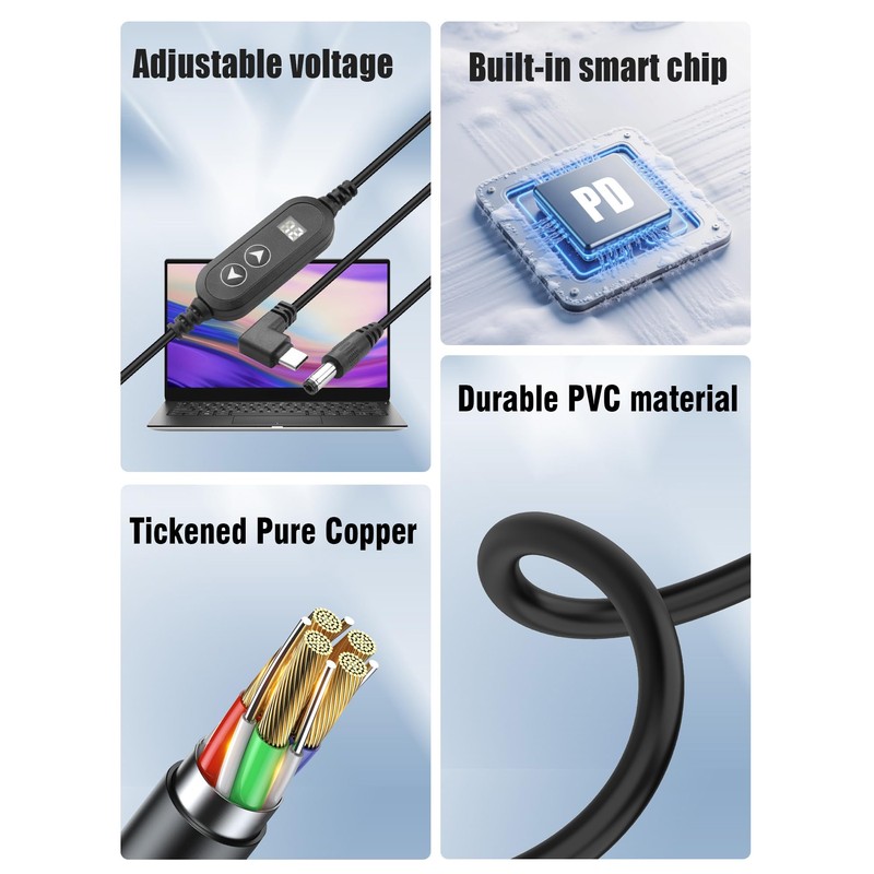YACSEJAO USB C to DC 5.5x2.1mm Adjustable Voltage Power Cable,