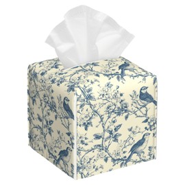 Tissue Box Cover Square, Blue Floral and Bird Leather Tissue Box Cover Decorative Facial Paper Organizer Dispenser for Bathroom Kitchen Bedroom Vanity Countertop Night Stands