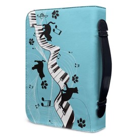 Darisoco Blue Cat Music Leather Bible Case Larger Bible Bag Portable PU Bible Covers with Handle and Pockets Protective Bible Covers for Study Organizer