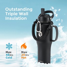 RAYMYLO 32oz Stainless Steel Water Bottle (Cold for 48 Hrs, Hot for 24 Hrs), Triple Wall Vacuum Insulated Water Bottle with Straw Lid, Spout Lid and Paracord Handle, Leakproof, Fit in Any Car Cup