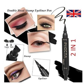 PHOERA 2 in 1 Wing Cat Eye Liner + Stamp Winged Long Lasting Liquid Eye Liner Waterproof & Smudge proof Makeup Black Eyeliner Pen Winged Eyeliner Pencil - AQUAPURITY (THICK STAMP)