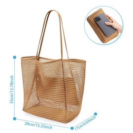 MorLuks Mesh Beach Bag XXL, Beach Bag, Beach Bag with Zip Inner Pocket, Women's Beach Bag, Large Swimming Bag, Foldable Mesh Bag, Handbags, Beach Bag, khaki