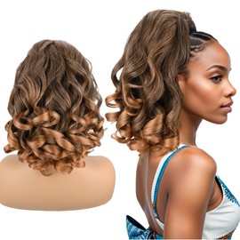 Allreetress Ponytail Extension,16" Kinky Straight Ponytail Drawstring Ponytail for Black Women Yaki Straight with Curly Ends Synthetic Hairpiece Hair Extension Pony Tails for Women(T1B/27)