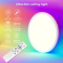 Lámpara de Techo RGB 30W,30CM Lámpara de Techo LED con Control Remoto,ultrafina Luz de techo inteligente 3000K a 6500K,brillo regulable/ajustable,para dormitorio, salón, habitación infantil,cocina