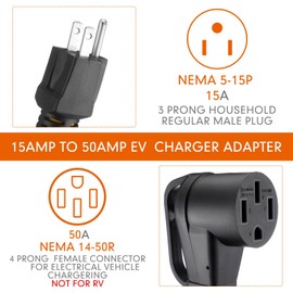 5-15P to 14-50R EV Charger Adapter Cord Compatible with Nema 110V 15A 3 Prong Male to 50A 4 Prong Female Power Cord with Handle for Level 1 EV Charging, STW 10 AWG/3C, 1FT, ETL Listed