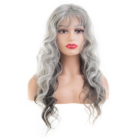RicHyun Long Curly Wavy Grey Wig for Women Synthetic Heat Resistant Party Cosplay Hair Wig with Bangs