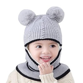Uniyoung Baby Girls Boys Winter Warm Hat Kids Children Knit Double Pom Pom Beanie Hat Earflap with Fleece Lining Skiing Snowboard Cap (Grey)