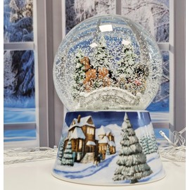 Christmas Snow Globe with Music, Nostalgic Carriage Ride Over Bridge, Base Winter Landscape Medium Blue, 100 mm Wide, 140 mm High, Mechanical Music Box, Christmas Decoration, 20291
