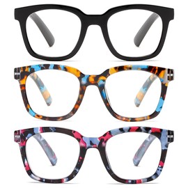 ZXYOO 3 Pack Oprah Style Reading Glasses for Women Blue Light Blocking Square Readers for Women, Anti Glare/Eyestrain Spring Hinge(B+Colors+3.00