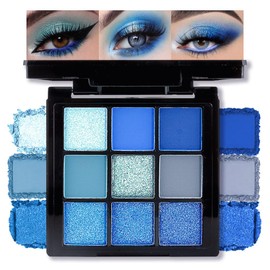 AMY'S DIARY Matte Shimmer Light Deep Blue Eye Shadow Palette Makeup,Eyeshadow Long Lasting Waterproof Cruelty-Free, 9 Blendable Shades in Smooth Finishes with Gorgeous Pearls for Girls (Blue)
