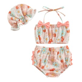 Toddler Girl Swimsuits Infant Baby Girl Bathing Suit Bikini Sets Swimwear 3 Piece Summer Beach Outfit Top Shorts Hat (P-Pink Floral, 6-12 Months)