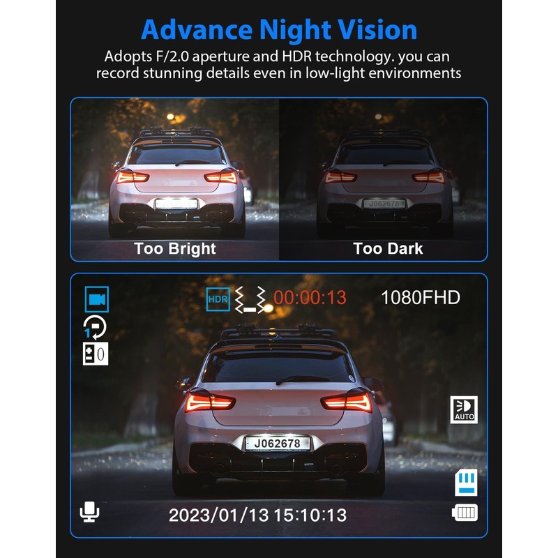 Dash Cam Front and Rear, 1080P Dash Camera for Cars,