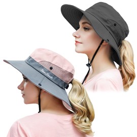 Muryobao Womens Outdoor Sun Hat Ponytail UV Protection Wide Brim Mesh Foldable Safari Beach Fishing Bucket Cap 2 Pack Pink & Grey