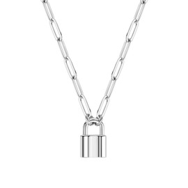 BOUTIQUELOVIN Silver Lock Necklace for Women | Silver Plated Paperclip Chain Lock Pendant Charm Jewelry for Girls