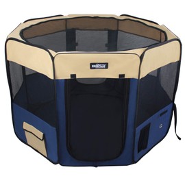 EliteField 2-Door Soft Pet Playpen (2 Year Warranty), Exercise Pen, Multiple Sizes and Colors Available for Dogs, Cats and Other Pets (62" x 62" x 36"H, Beige+Navy Blue)