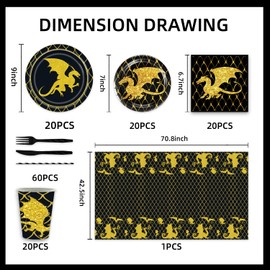 141Pcs Dragon Birthday Party Decorations Black and Gold Birthday Plates Napkins Cups Straws Cutlery Tablecloth Supplies Dragon Party Favors Decorations