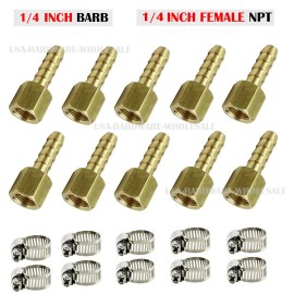 PAKA TOOLS (10 Pack) 1/4" Hose Barb X 1/4" FEMALE NPT Brass Pipe Fitting NPT Thread + Clamp