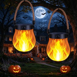Toodour Solar Halloween Lanterns Outdoor, 2 Pack Flickering Hanging Lantern