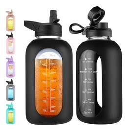 CIVAGO 64 oz Glass Water Bottle Jug with Straw and Handle, Half Gallon Sports Motivational Water Bottle with Time Marker, Wide Mouth Flask Canteen wit
