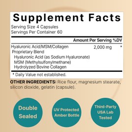NatureBell Hyaluronic Acid Supplements 2,000 mg | 240 Capsules, with MSM & Hydrolyzed Bovine Collagen – 3 in 1 Support for Skin Hydration, Joint Lubrication, Hair, and Eye Health