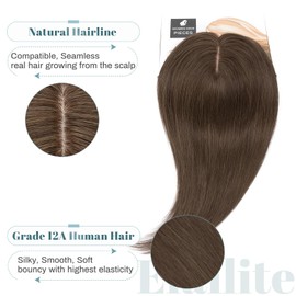 Elailite Topper, Real Hair Women, Topper Clip in Toupee, Women, Silk Base, 130% Density, Remy Silk Base, Straight, 30 cm, 40 g, #2 Dark Brown