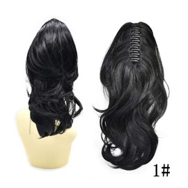 Synthetic Ponytail Extension Long Curly Ponytail Clip in Claw/Jaw Hair Extensions Natural Looking Wavy Pony Tail Hairpieces for Women Daily Party Use (14'' Hair Long, #1 Jet Black)