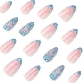 Medium Press on Nails Almond Fake Nails with Pearl Waterdrop Shell Design Glossy Pink Nails Press Ons Ombre Blue Glue on Nails Reusable Full Cover French Tip Stick on Nails for Women 24Pcs