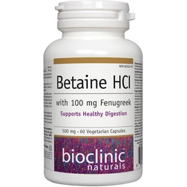Bioclinic Naturals Betaine HCI 500 mg with 100 mg of Fenugreek Digestive Enzyme, 60 Vegetarian Capsules, Supports Healthy Digestion, Proudly Canadian