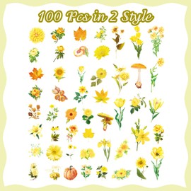 ExceLife 100 Pcs Natural Flower Stickers for Scrapbooking, PET Transparent Retro Floral Plants Vintage Stickers for Scrapbook Laptop Skins Album DIY Craft Daily Planner,Yellow