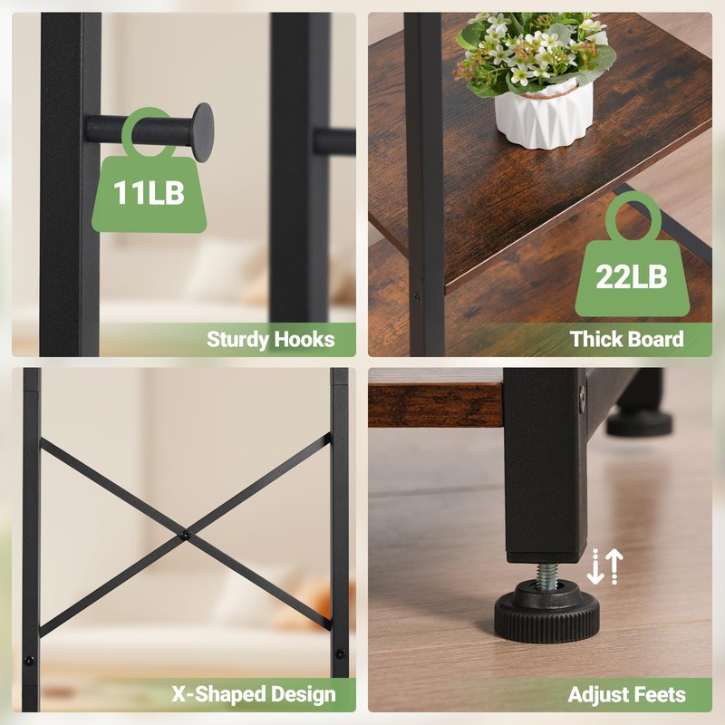 ELYKEN Coat Rack Freestanding, Hall Tree with 3 Storage Shelves