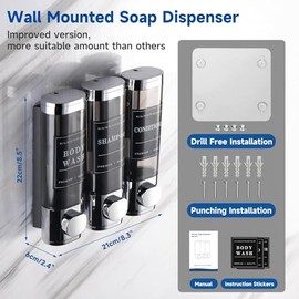 Shower Soap Dispenser Wall Mounted No Drill Shampoo Dispenser for Shower Wall Shampoo and Conditioner Dispenser Bathroom Hotel 3 * 300ml Chrome with Labels