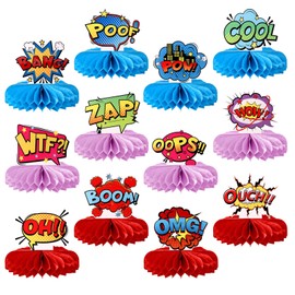 12pcs Hero Honeycomb Centerpieces, Various Design Hero Birthday Party Decorations Funny Hero Table Toppers 3D Cartoon Themed Hero Action Sign for Photo Booth Prop Party Birthday Supplies