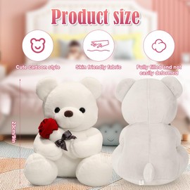 Zinueen Rose Teddy Bear 23 cm, Cuddly Toy, Plush Teddy Bear, Valentine's Day Gift for Girlfriend, Soft Plush Bears for Gift, Girlfriend, Christmas, Birthday (White)