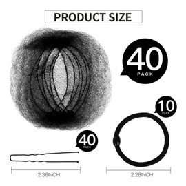Hair Nets for Buns, YGDZ 40pcs 50 cm Invisible Hair Net Set, 20 Inches Elastic Edge Mesh, 40pcs U Shaped Pins, 10 pcs Hair Elastic Bands, Wig Nets for Ballet Bun, Dance, Women, Girl (Black)