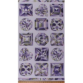 24" X 44" Panel Gemstone Crystal Diamonds Jewels Hearts Squares Stars Facets White Cotton Fabric Print by The Yard (D483.37)