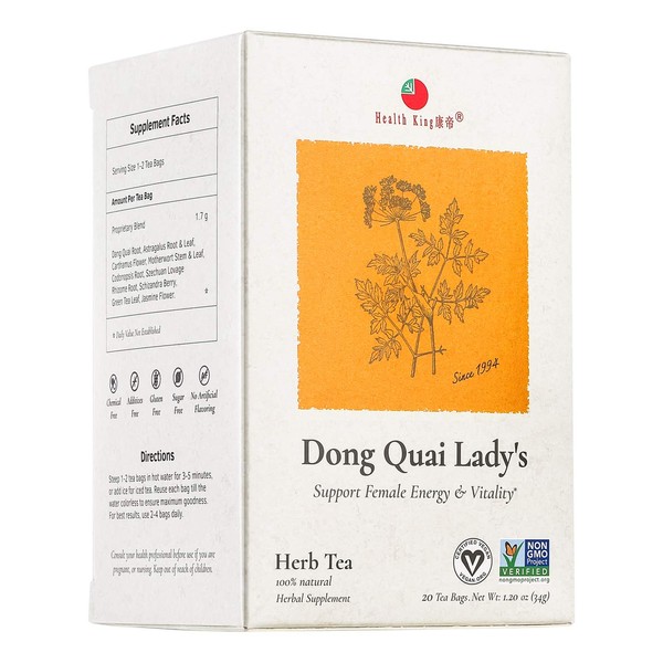 Dong Quai Lady's Herb Tea by Health King - Female Qi-Blood balance & Energy - ( 1 Pack, 20 Count, with Non-GMO, Vegan, Dang Quai Root, Astragalus Root & Leaf, Carthamus Flower, Motherwort Stem & Leaf, Codonopsis Root, Szechuan Lovage Rhizome Root, Schizan