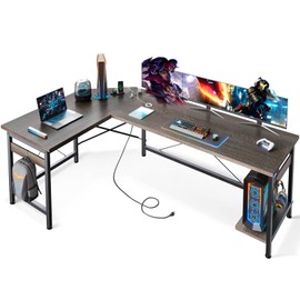 Coleshome 66" L Shaped Gaming Desk with Outlet, L Shaped Desk with CPU Stand, Corner Computer Desk, Home Office Desk, Writing Desk, Grey Oak