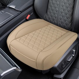 UHANBUT Luxury Faux Leather Car Seat Cover, Anti-Slip Waterproof Universal Front Bottom Seat Protector with Storage Pocket, Triangular Pattern Vehicle Seats Cushion for Sedans, SUVs, Trucks (Beige)