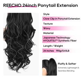 REECHO Ponytail Extension, 24" Claw Clip in Ponytail Extensions Long Curly Wavy Ponytail Hair Extension Jaw Clip on Pony Tails Hairpiece for Women - Natural Black