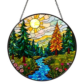 RVEAFA Forest Stained Glass Window Hanging Forest Sun Catcher Decor Nature Lovers Gifts for Women Suncatchers for Garden Home Windows Hanging Decoration, 7.87inch