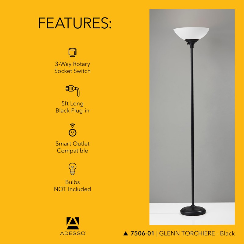 Adesso Black Torchiere Floor Lamp with Frosted White Shade –